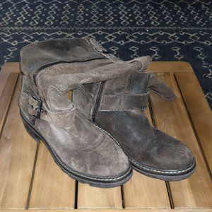 Donald Pliner brown suede midcalf zipper boots with belt around ankle